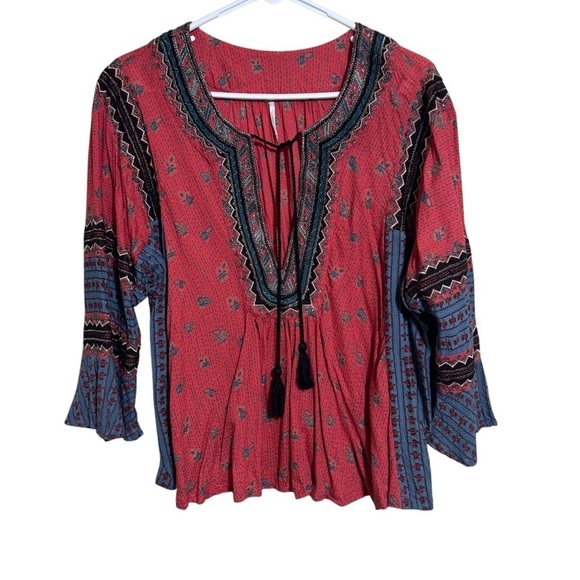 Free People Red and Blue Bell Sleeve Blouse with Tie Front - Picture 1 of 7